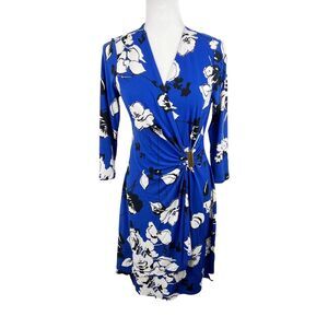Calvin Klein Dress Women 6 Blue White Floral Print Surplice Fit Flare Stretch